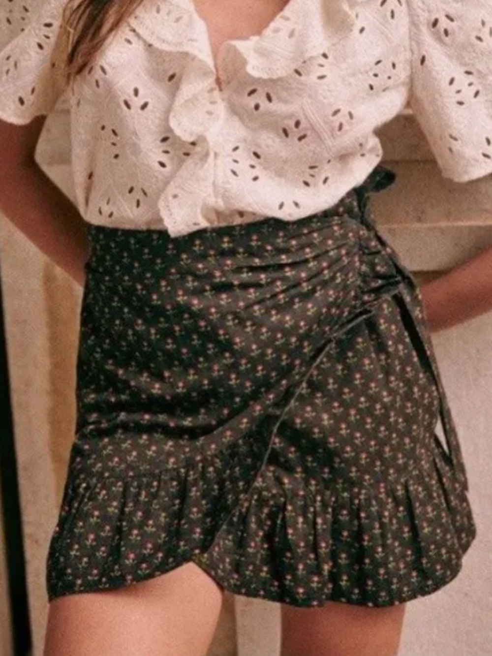 Sezane Black Mini Skirt with Tiny Red Floral Print